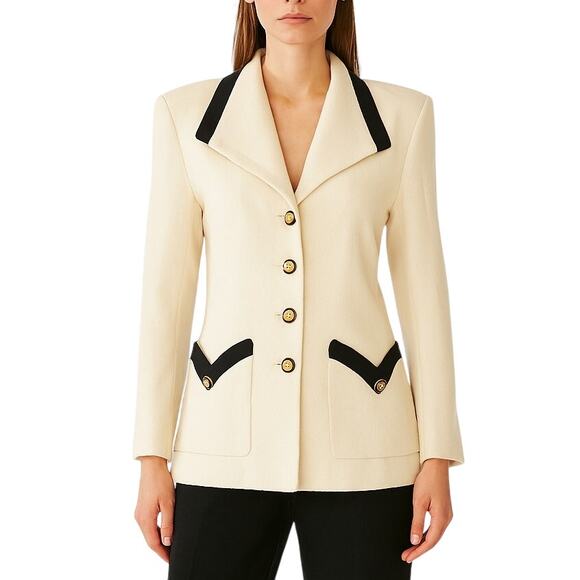 1980s Oleg Cassini Vintage Cream Blazer with Gold Buttons & Black Trim Medium 8 - Picture 1 of 8